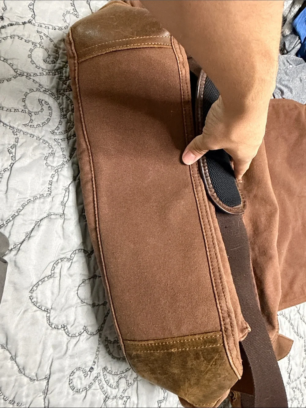 Mens Brown Canvas Messenger Bag with Leather Trim